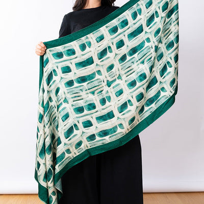 JJSisters - Wool/ Cotton Blend Thick Scarf-Geometric Emerald