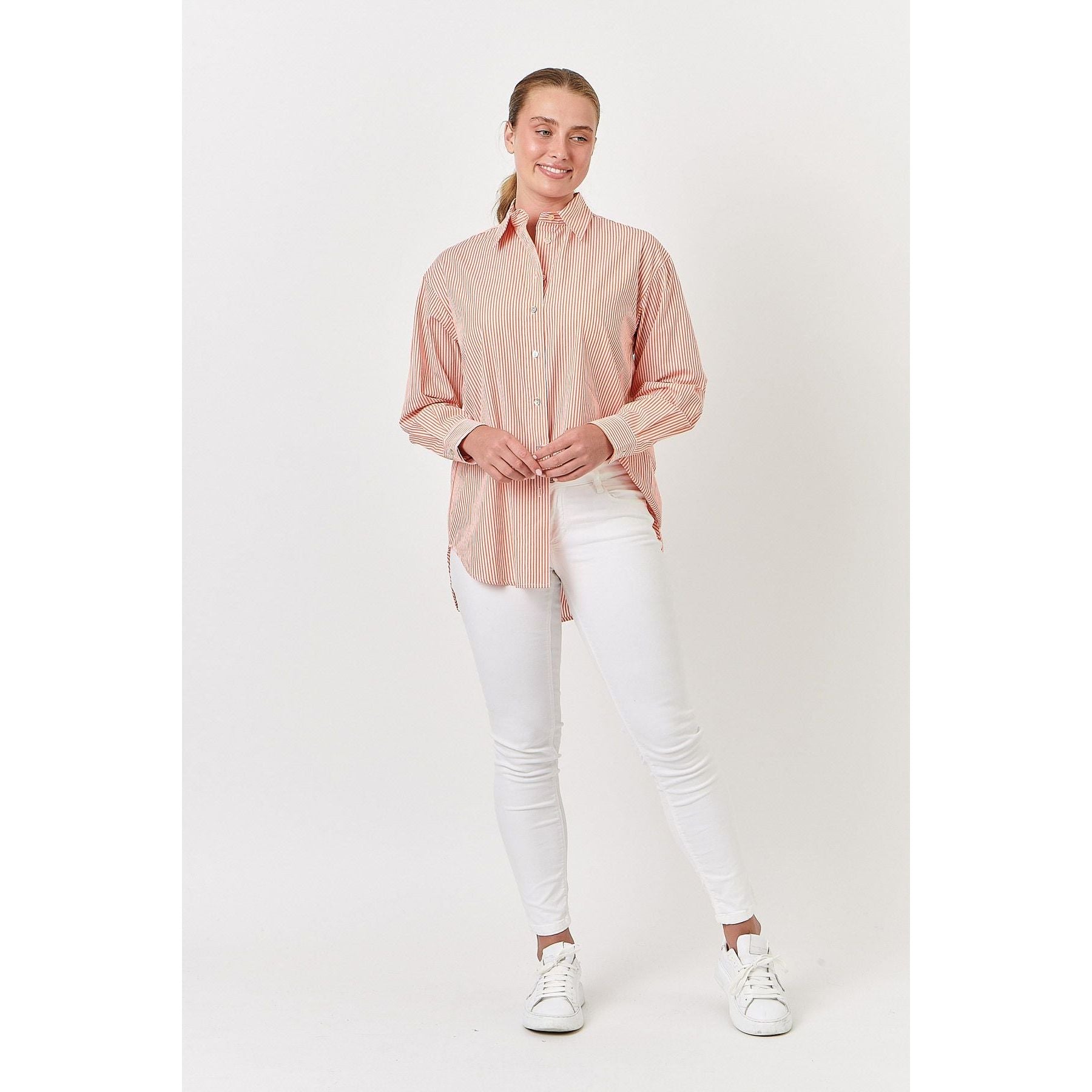 enveloppe - Cotton Fine Stripe Boyfriend Shirt Orange/ White