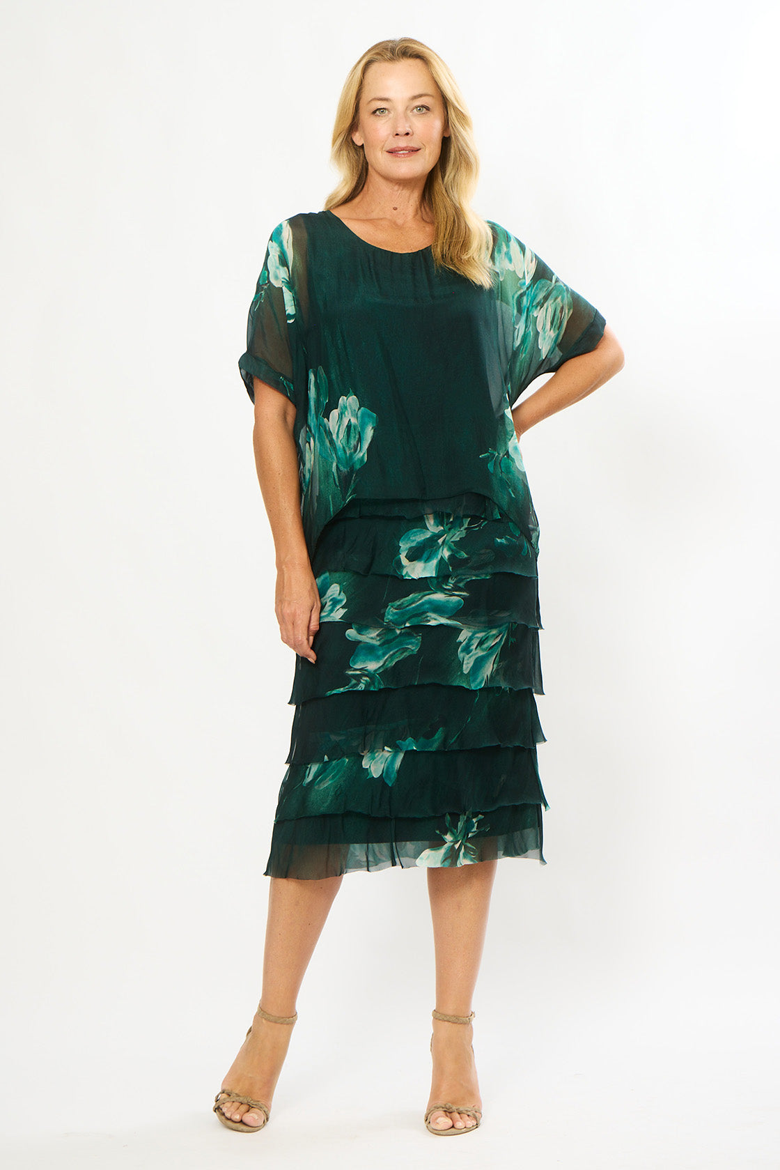 La Strada - Silk/Viscose Multi Layer Dress - Green Floral
