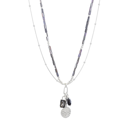 Blue Scarab - 2 Strand Fashion Charm Necklace-Silver/ Grey