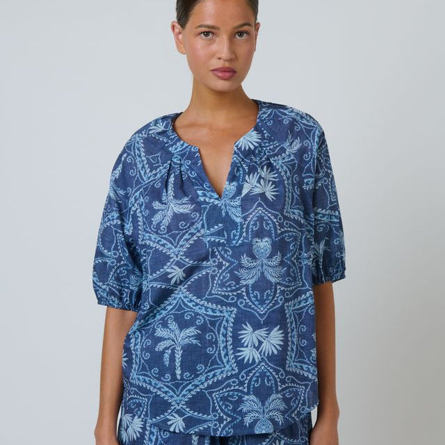Namastai - Branching Out Short Sleeve Cotton Blouse - Blue Print