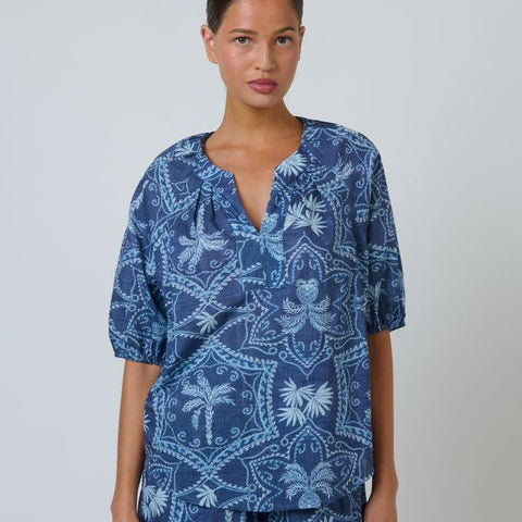 Namastai - Branching Out Short Sleeve Cotton Blouse - Blue Print