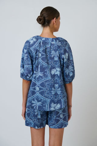Namastai - Branching Out Short Sleeve Cotton Blouse - Blue Print
