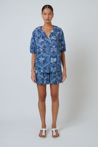 Namastai - Branching Out Short Sleeve Cotton Blouse - Blue Print