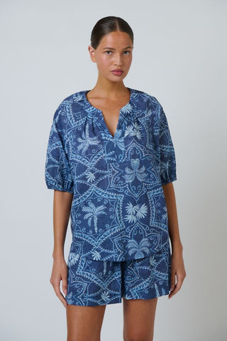 Namastai - Branching Out Short Sleeve Cotton Blouse - Blue Print