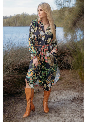 Cienna - Phoenix Night Button Through Dress with Tie Belt