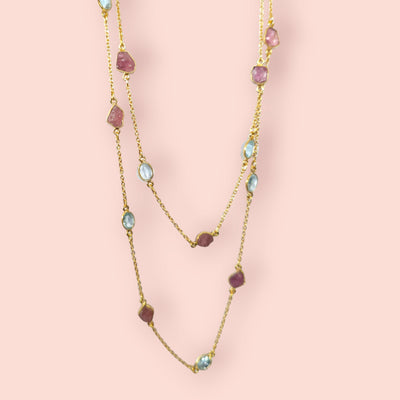 MCJewels Longstation Necklace - Pink Tourmaline and Blue Topaz