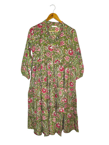 Melange - Indian Block Print Front Button Tiered Midi Dress - Sap Green/Pink Floral