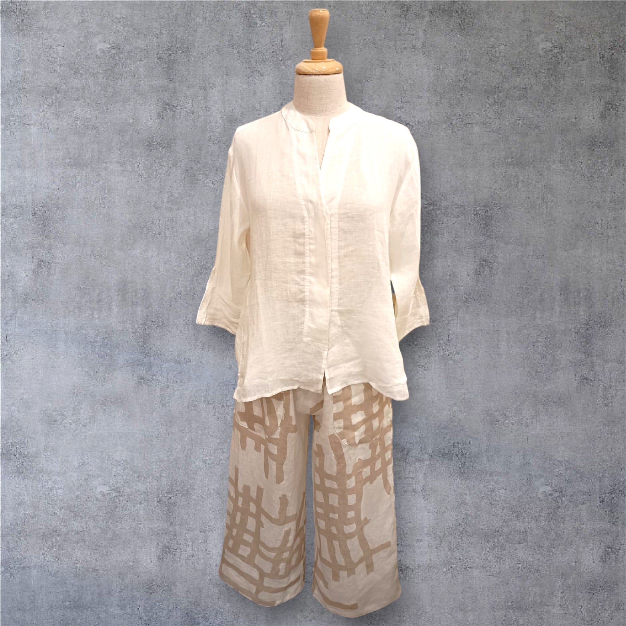 CCB - Linen Wide Pant Free Check Pattern-Beige