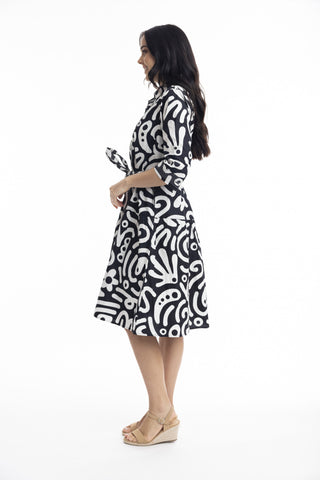 Orientique - Poplin Print Tie Dress-Black