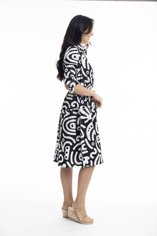 Orientique - Poplin Print Tie Dress-Black