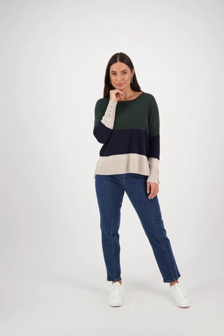 Vassalli - Round Neck Tri Stripe Jumper with Button Cuff Detail - Forest/Ink