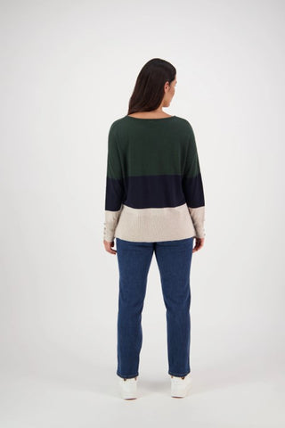 Vassalli - Round Neck Tri Stripe Jumper with Button Cuff Detail - Forest/Ink