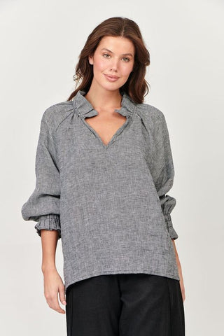 Naturals by O&J - Ruffle Neck Linen Top Pepper