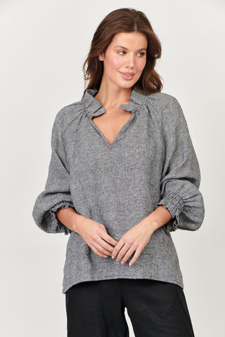 Naturals by O&J - Ruffle Neck Linen Top Pepper