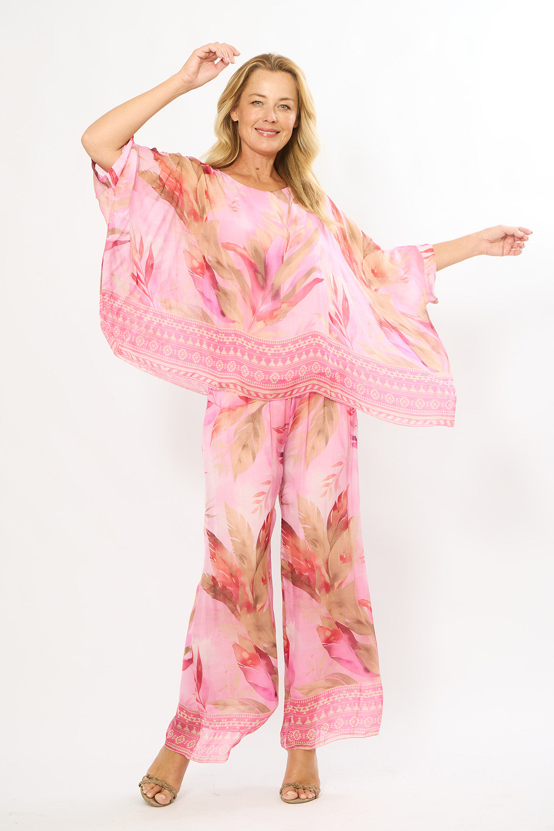 La Strada - Silky Lined Pants - Pink Leaf