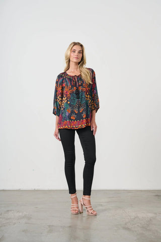Holmes & Fallon - Tropical Print Peasant Tie Blouse - Black