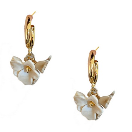 Sun Accessories - Triple Flower Drop Thick Hoop Earrings-Beige