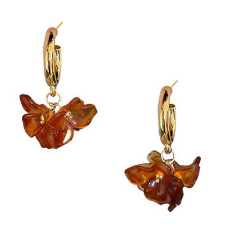 Sun Accessories - Triple Flower Drop Thick Hoop Earrings-Amber