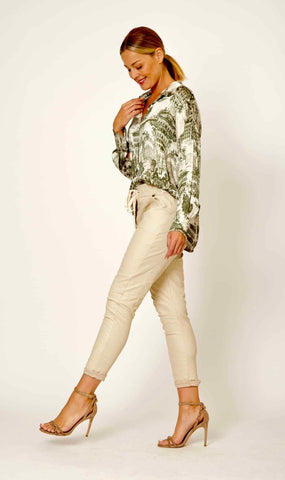 La Strada - 100% Viscose Shirt - Khaki/Cream Print