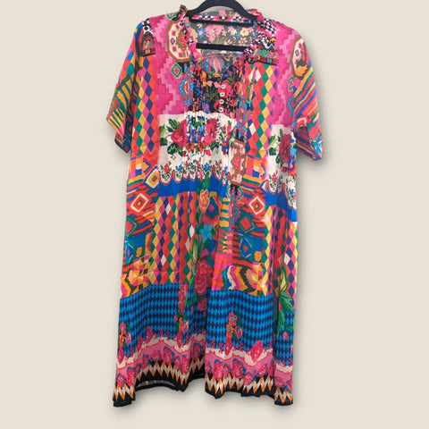 Melange - Multi Patch Tapestry Print Tunic Dress With Short Sleeves