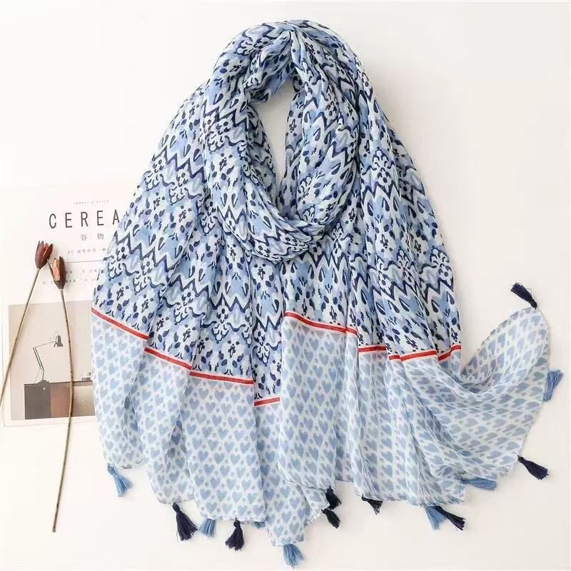 Zura - Quality Cotton Tassle Scarf - Scandi Blues