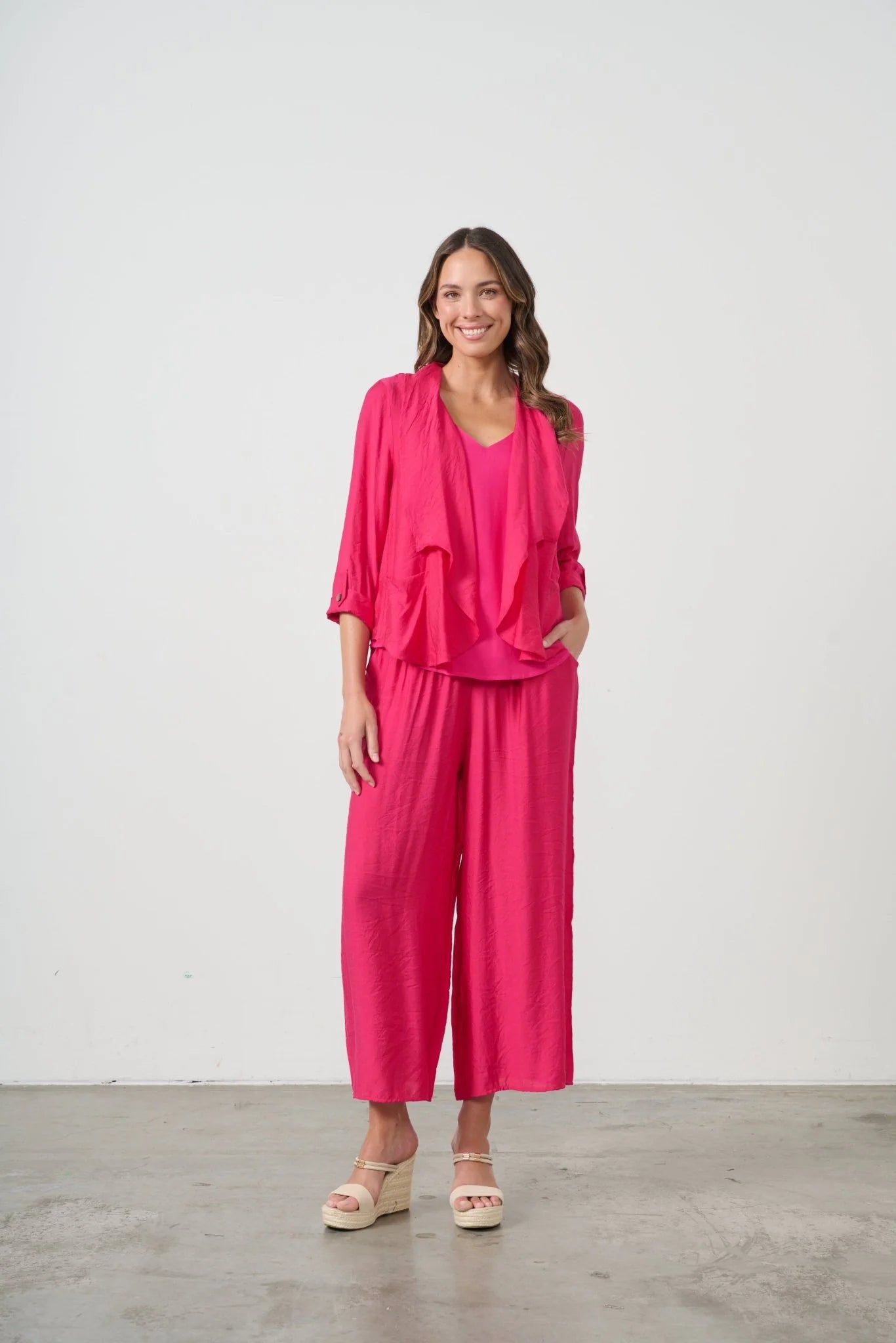 Caju - Open Front Drape Jacket-Hot Pink