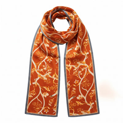Melange - Double-Sided Silk Skinny Scarf - Burnt Orange Floral