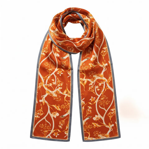 Melange - Double-Sided Silk Skinny Scarf - Burnt Orange Floral