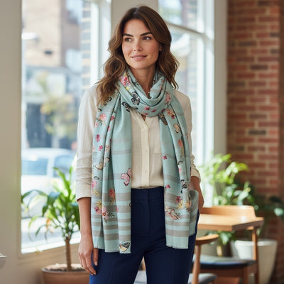 Melange - Wool and Silk Blend Luxury Scarf-Butterfly Floral
