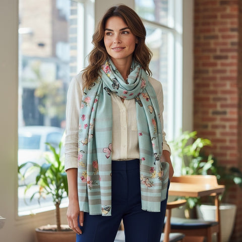 Melange - Wool and Silk Blend Luxury Scarf-Butterfly Floral