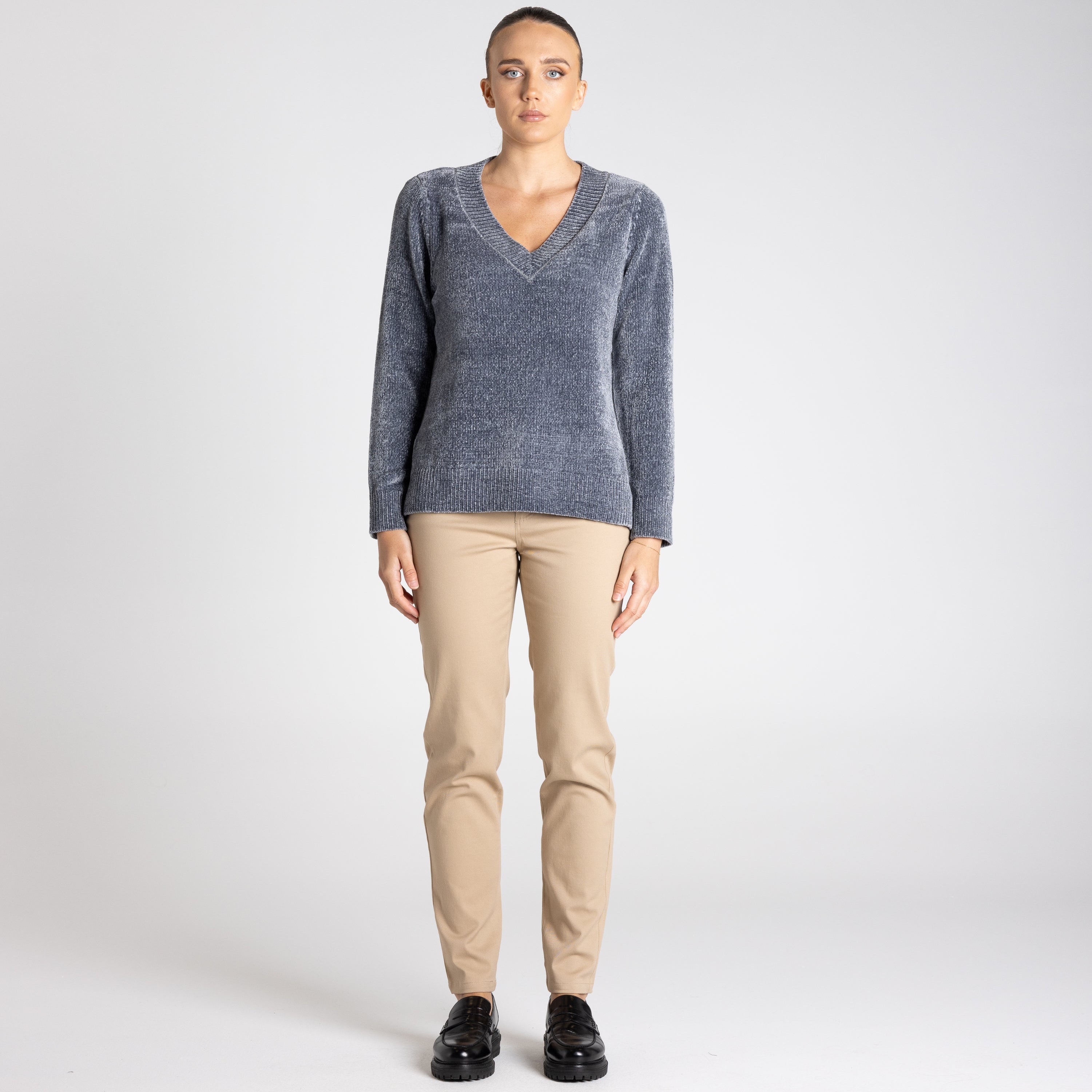 Two T's - Chenille V Neck Knit Top - Steel