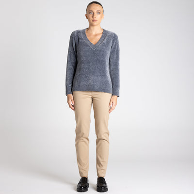 Two T's - Chenille V Neck Knit Top - Steel