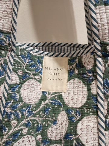 Melange - Handcrafted Floral Quilted Tote Bag – Forest Green and Cobalt Print