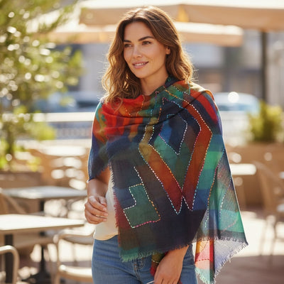 United - 100% Australian Merino Wool Embroidered Print Scarf - Abstract