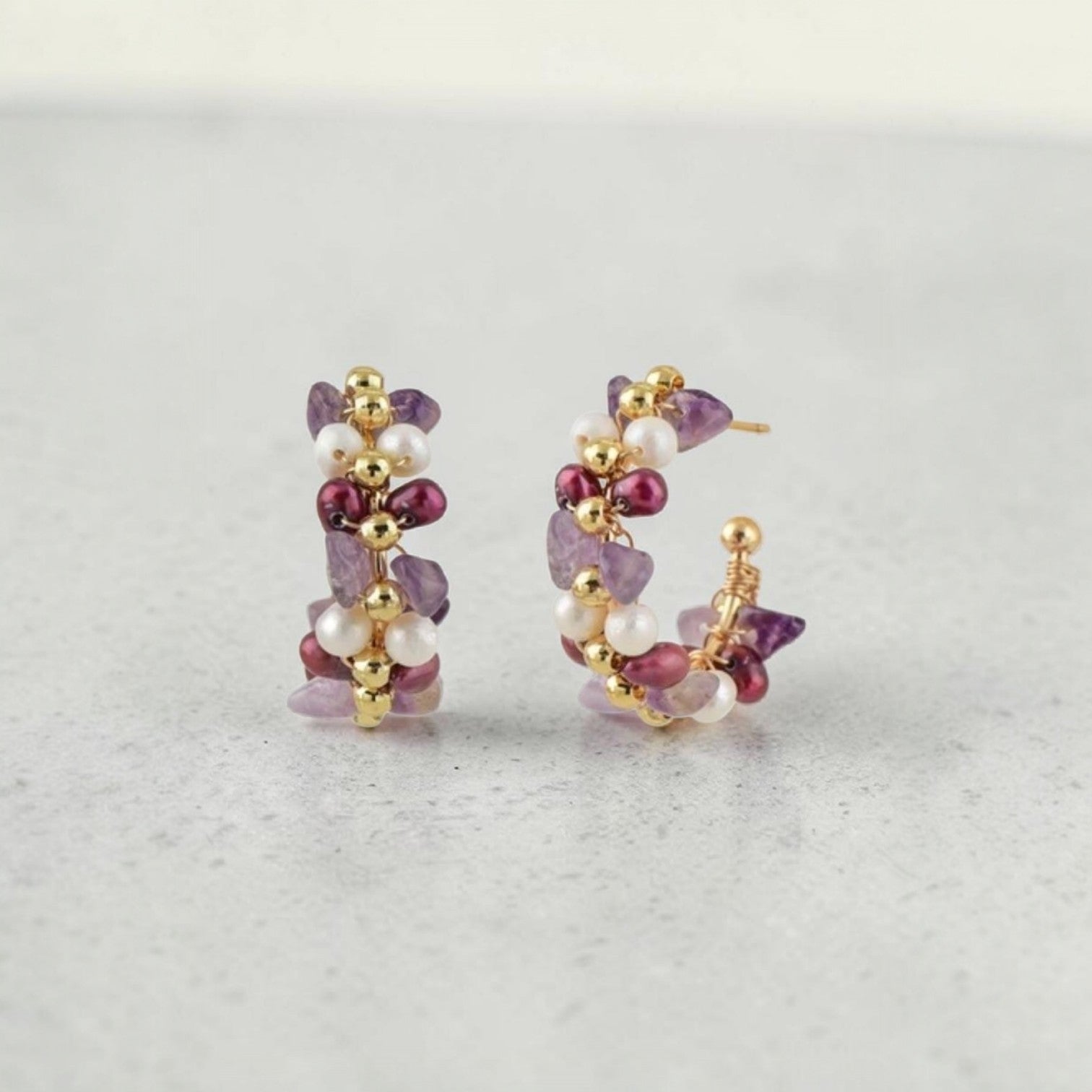 MCLuxe - Handcrafted Freshwater Pearl, Amethyst & Crystal Earrings