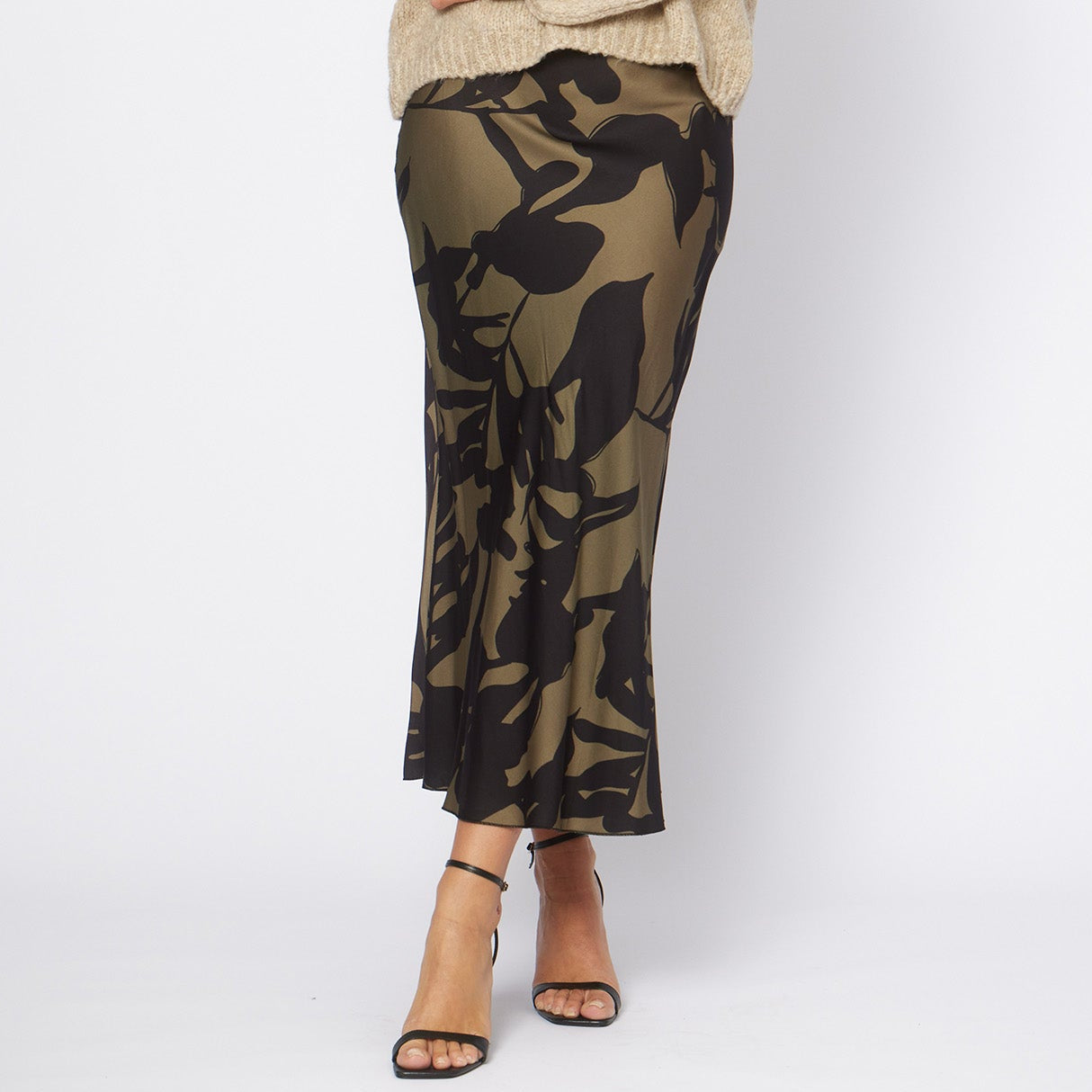 La Strada - Printed Bias Viscose Skirt - Military/Navy