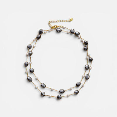 MCLuxe - Hematite & Shell Pearl Long Layered Necklace