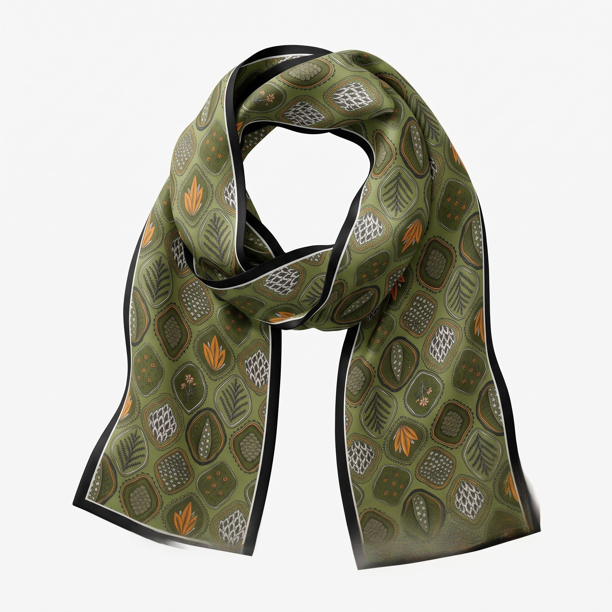 Melange - Double-Sided Silk Skinny Scarf - Olive Botanical