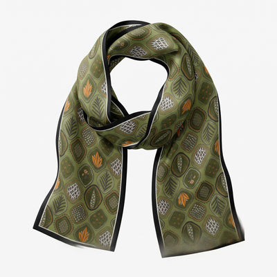 Melange - Double-Sided Silk Skinny Scarf - Olive Botanical