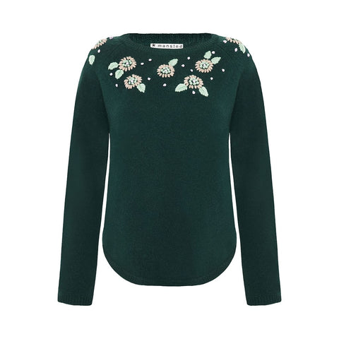 Mansted - Flower Lambswool Embroidered Crewneck Jumper - Cold Green