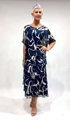 La Strada - Silk/Viscose Multi Layer Dress - Blue/Beige