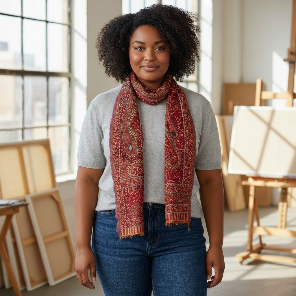 United - Elegant Hand-Embroidered Wool Narrow Scarf – Raspberry