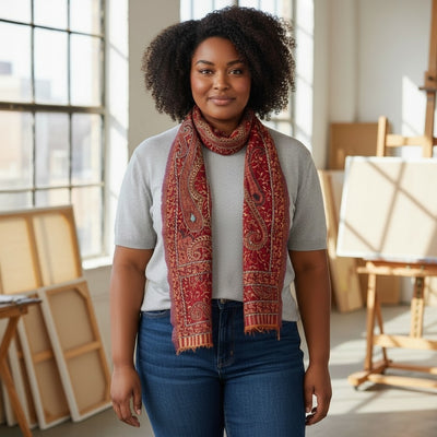 United - Elegant Hand-Embroidered Wool Narrow Scarf – Raspberry