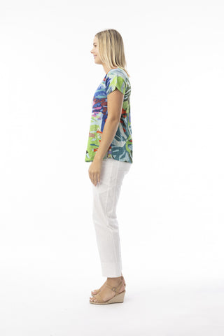 Orientique -  Leaves Blue V Neck Tee