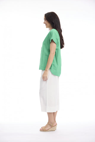 Orientique - V Neck Linen Top - Green