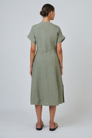 Naturals by O&J - Button Through A Line Linen Dress - Artichoke