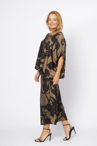 La Strada - Printed Bias Viscose Skirt - Military/Navy