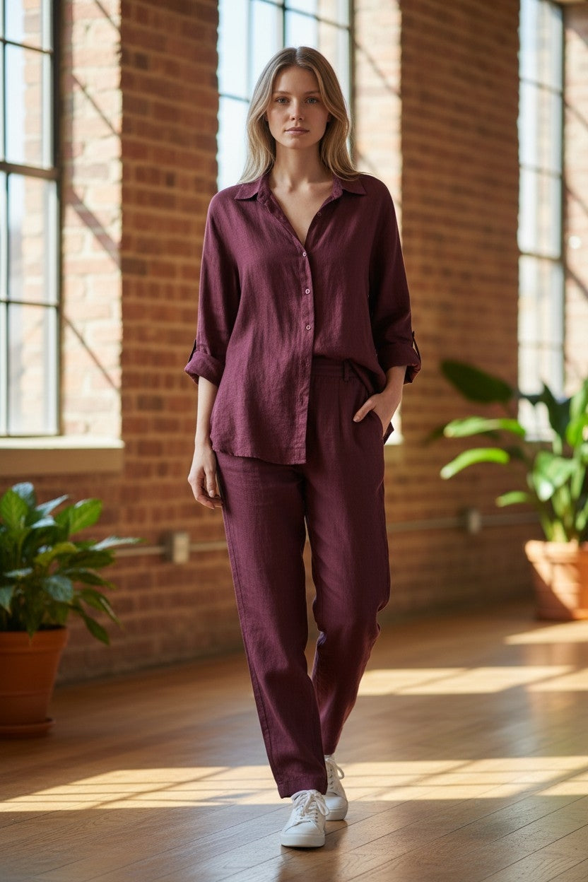 Melange - Wide Leg Linen Lounge Set-Wine