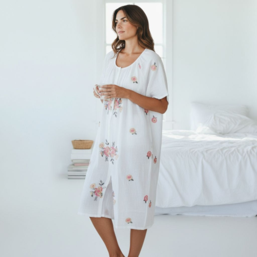May Twenty - Embroidered Cotton Nightie - Rose - White/Pink